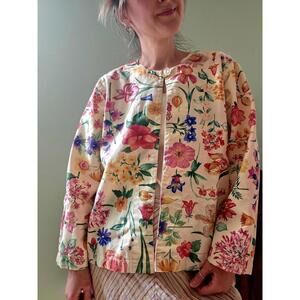 Vintage Floral Cotton Canvas Jacket: Spring Button-Up Top, L-XL